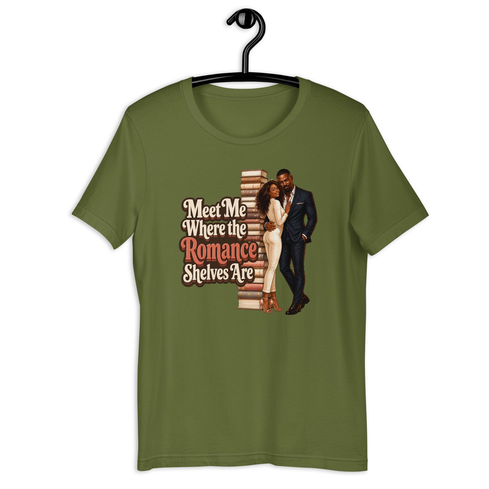 unisex-staple-t-shirt-olive-front-6a026241328ad.jpg Meet Me Where the Romance Shelves Are Graphic Tee - Image 6