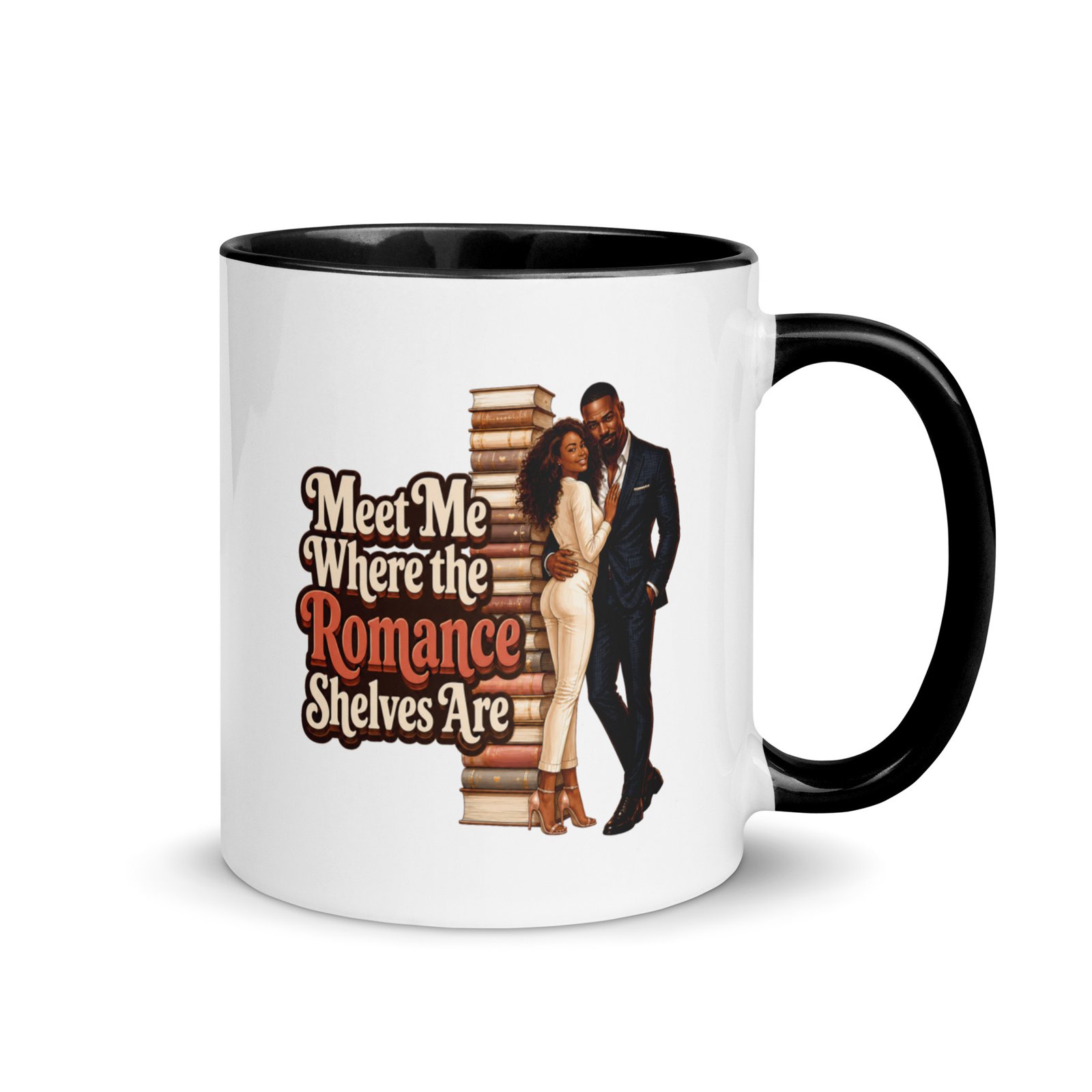 white-ceramic-mug-with-color-inside-black-11-oz-right-6a17aa839360b.jpg Meet Me Where the Romance Shelves Are Mug w/Color Inside - Image 2