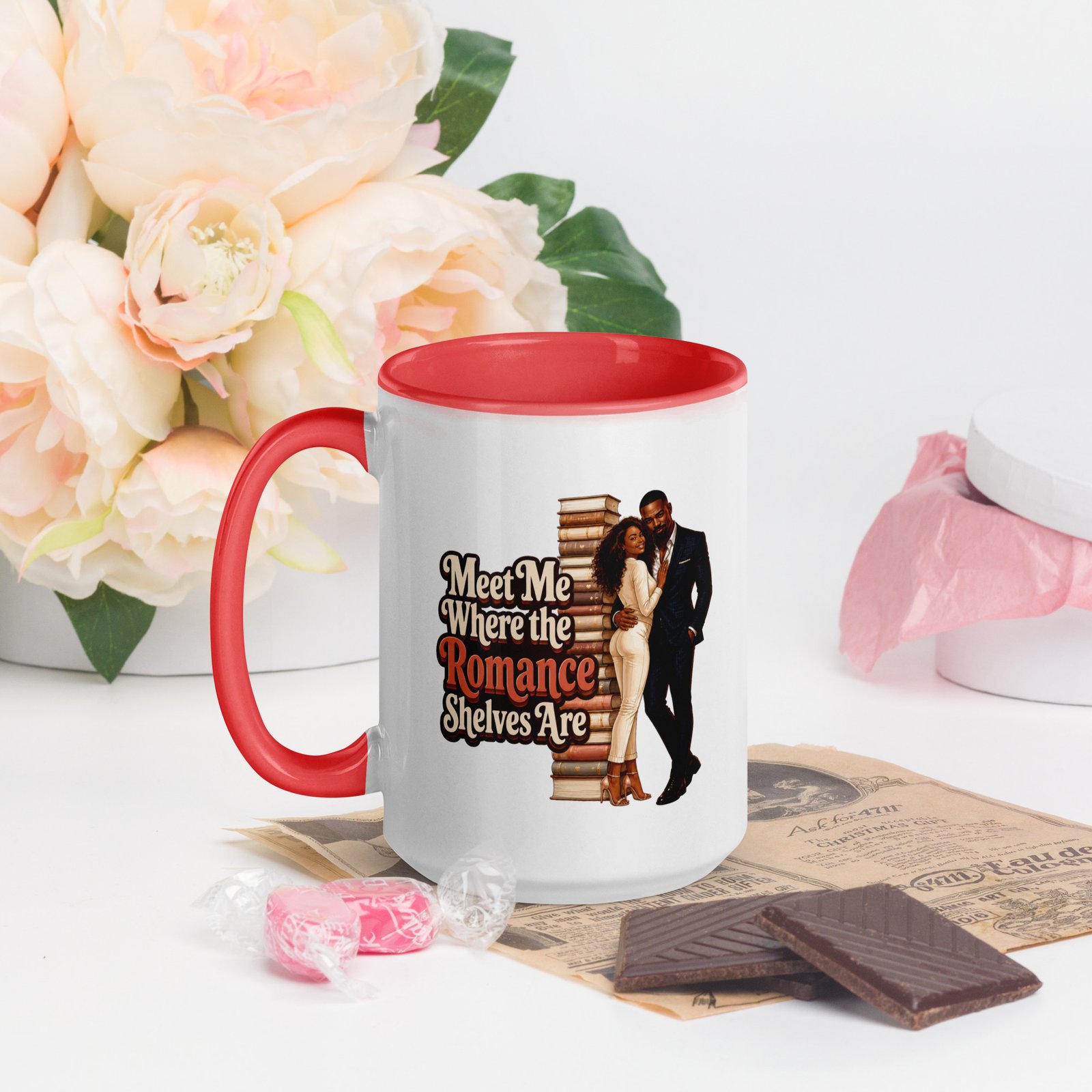 white-ceramic-mug-with-color-inside-red-15-oz-left-6a4ae8b0c7923 Meet Me Where the Romance Shelves Are Mug w/Color Inside - Image 3