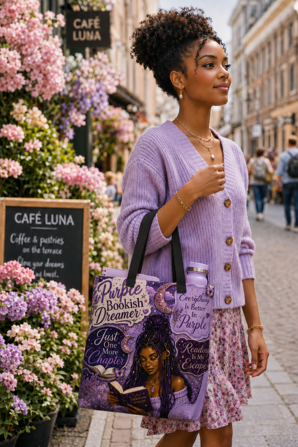 ChatGPT Image Jul 4, 2026, 08_26_35 PM Purple Bookish Dreamer Print Tote Bag | Cozy Reader Tote with Pocket - Image 3