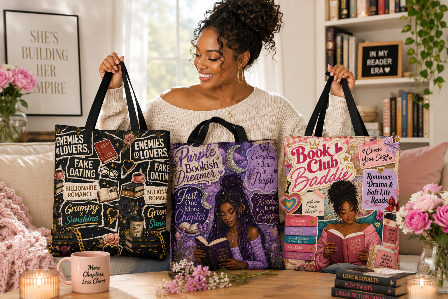 Purple Bookish Dreamer Print Tote Bag | Cozy Reader Tote with Pocket - Image 4