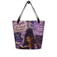 Purple Bookish Dreamer Print Tote Bag | Cozy Reader Tote with Pocket