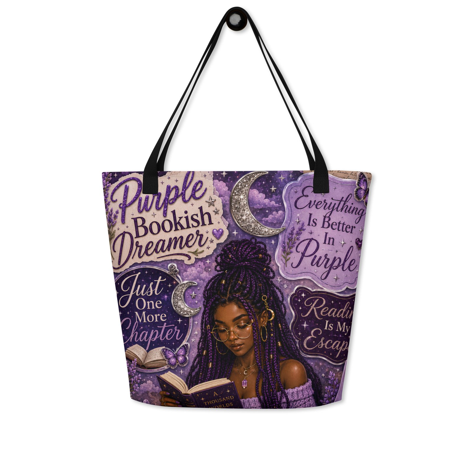 all-over-print-large-tote-bag-w-pocket-black-front-6a39ca4f23f1b.jpg Purple Bookish Dreamer Print Tote Bag | Cozy Reader Tote with Pocket
