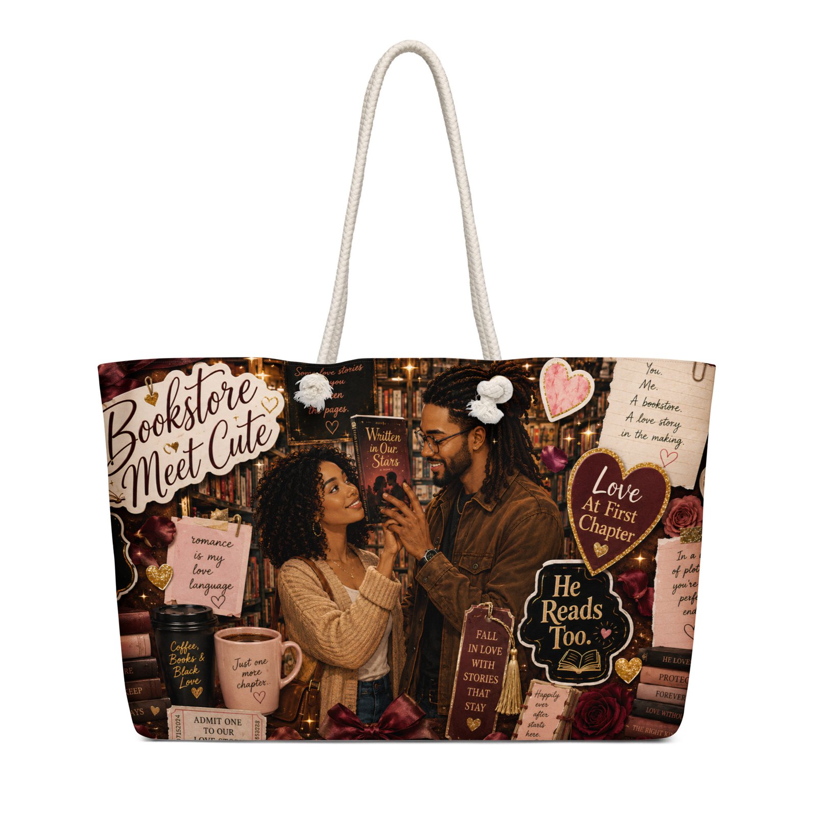 weekender-bag-white-24x13-front-6a39b6a99c182.jpg Bookstore Meet Cute Weekender Tote Bag | Black Romance Reader Travel Bag - Image 2