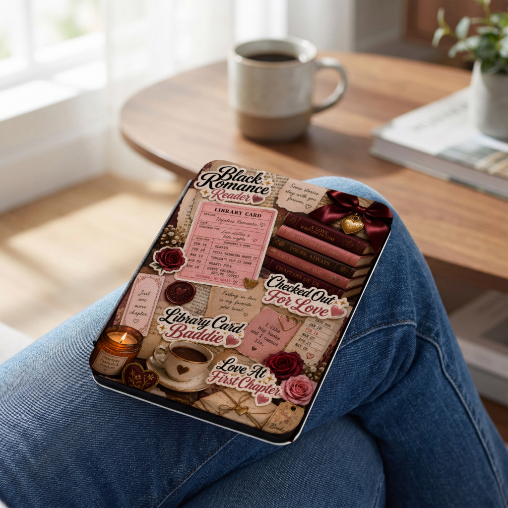 Soft Blush Romantic Reading Nook + Joliet by Rae Lyse Black Romance Reader collage Kindle case featuring library cards, romance books, roses, coffee, love notes, and Checked Out for Love artwork.