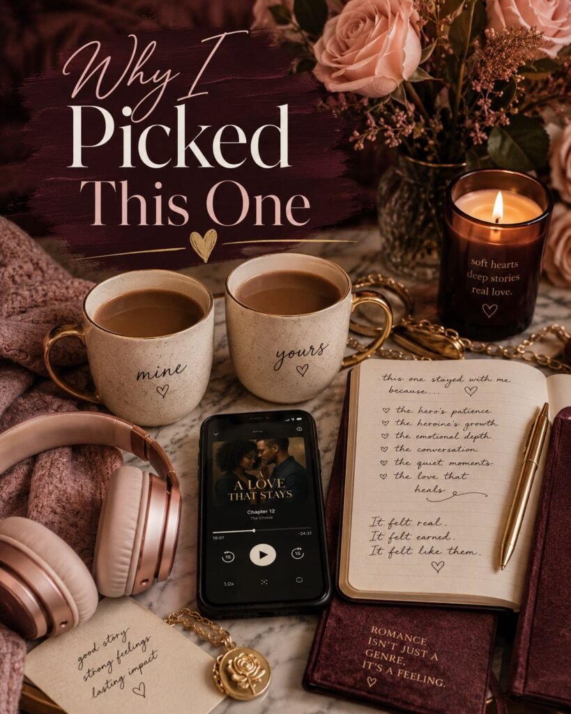 Cozy romance audiobook flat lay with two coffee mugs labeled “mine” and “yours,” blush headphones, a smartphone playing a Black love story, an open journal, roses, a glowing candle, and the text “Why I Picked This One.”