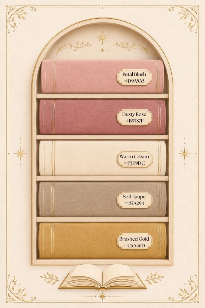 Soft Blush Romantic Reading Nook + Joliet by Rae Lyse Book-shaped color palette featuring petal blush, dusty rose, warm cream, soft taupe, and brushed gold.