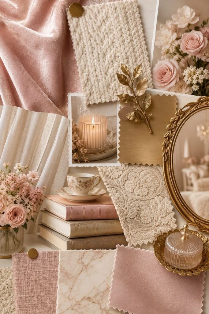 Soft Blush Romantic Reading Nook + Joliet by Rae Lyse Blush reading-room mood board featuring velvet, cream knit, floral arrangements, gold metal, candles, books, and neutral fabric samples.
