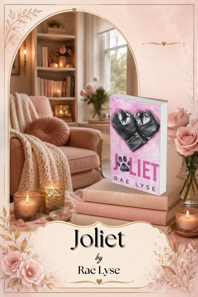Soft Blush Romantic Reading Nook + Joliet by Rae Lyse Joliet by Rae Lyse displayed beside a softly lit blush reading nook with candles, roses, cream blankets, and gold accents.