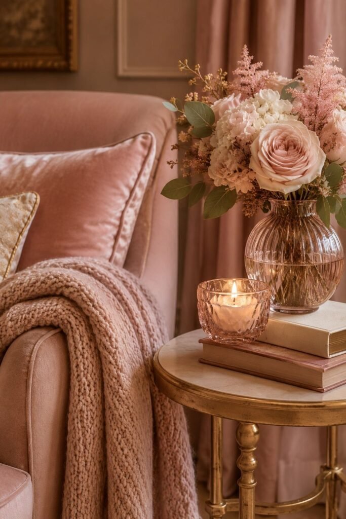 Soft Blush Romantic Reading Nook + Joliet by Rae Lyse Close-up of a blush chair with a chunky knit blanket beside a gold table holding books, a candle, and pale pink flowers.