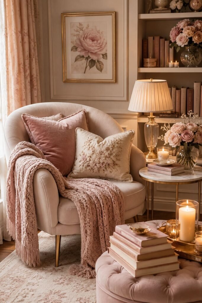 Soft Blush Romantic Reading Nook + Joliet by Rae Lyse Soft blush reading nook with a cream armchair, pink knit blanket, floral pillows, gold side table, candles, books, and roses.