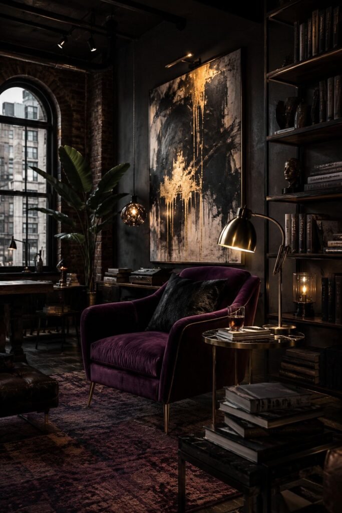 Moody urban reading space with dark walls, a cognac chair, dramatic lighting, books, deep plum accents, and gold décor.