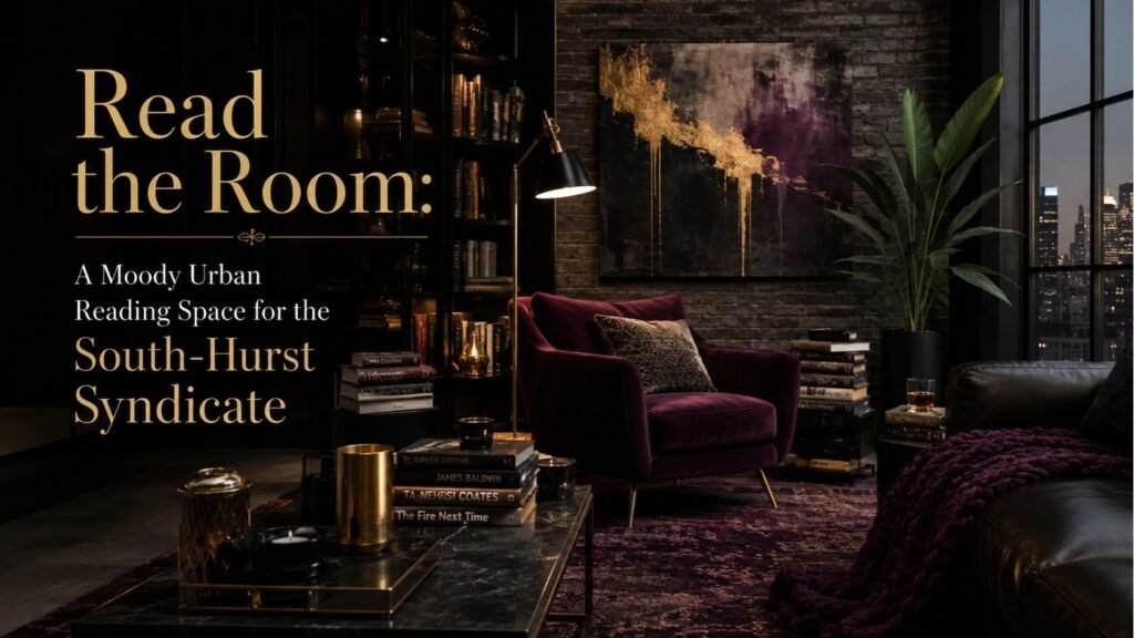 Moody urban reading space with dark walls, a cognac chair, dramatic lighting, books, deep plum accents, and gold décor.