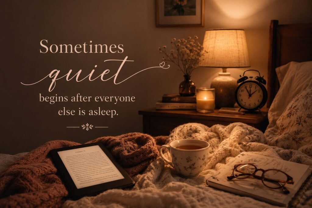 Kindle, reading glasses, candle, and coffee arranged on a burgundy blanket beside a clock showing a late-night reading session.