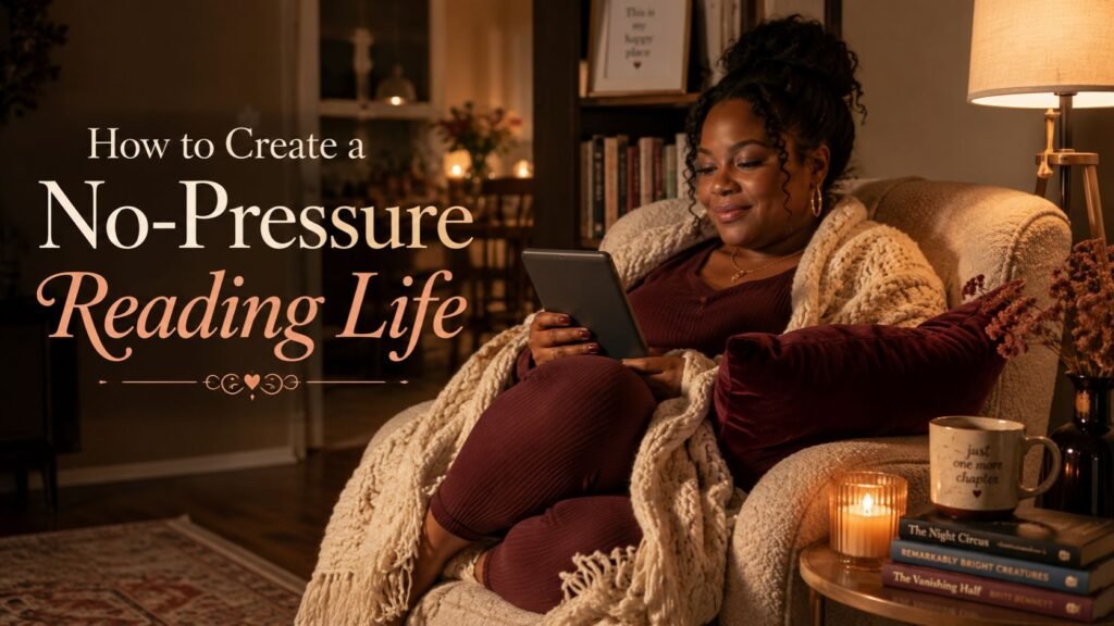 Plus-size Black woman reading a Kindle in a warm, softly lit reading nook with a cream blanket, candle, coffee mug, and stacked books.