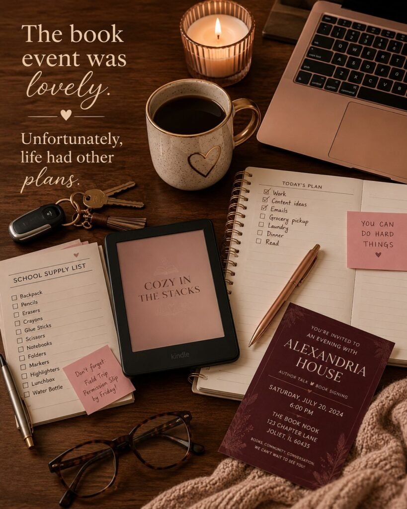 Cozy reading setup with books, a candle, flowers, and a mug representing the work, family responsibilities, grief, and busy seasons that can interrupt reading time.