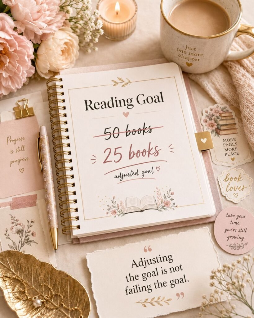 Open reading journal showing an original goal of 50 books changed to 25 books beside a gold pen, coffee, flowers, and a progress-not-perfection card.