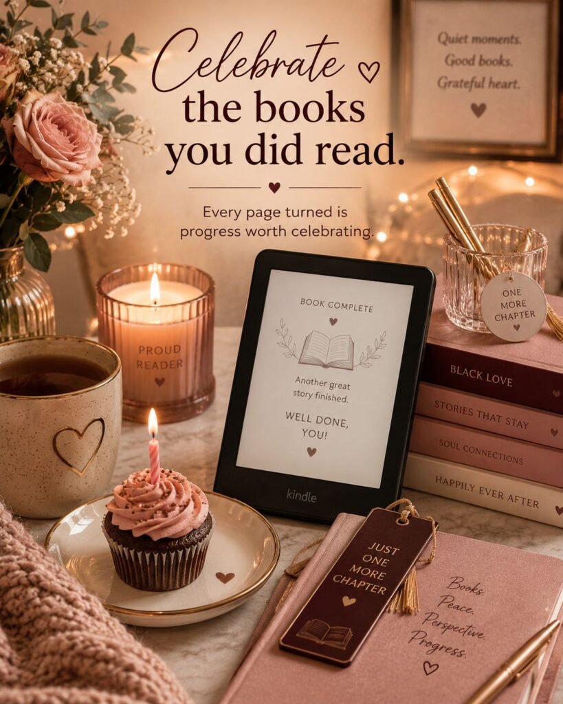 Private reading-goal celebration with a Kindle, cupcake, candle, burgundy roses, journal, and a mug that says Proud of Me.