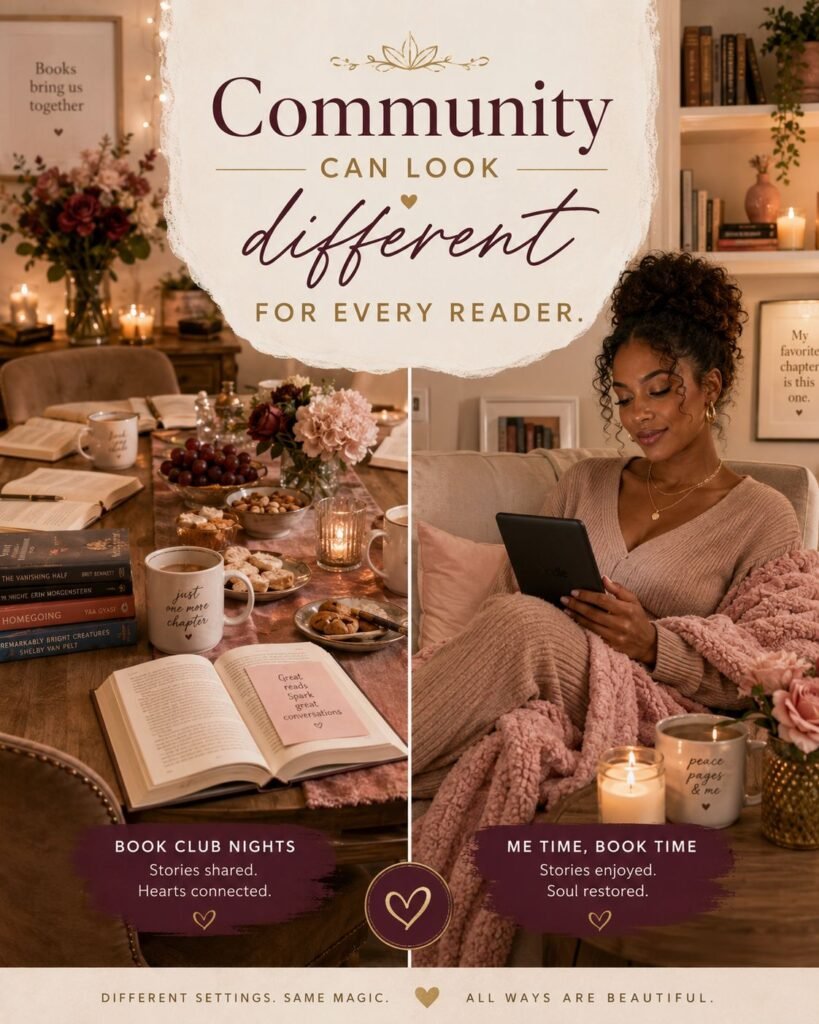 Side-by-side comparison of Black women enjoying a traditional group book club and a quiet reader relaxing alone at home with her Kindle.