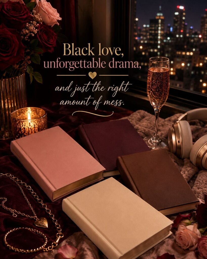 Romantic bookish flat lay with Black romance and urban fiction books, burgundy roses, gold accessories, headphones, a candle, and a warm drink.