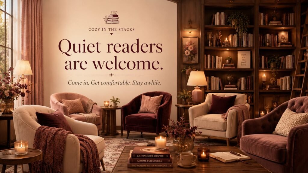 Warm virtual reading lounge with bookshelves, candles, burgundy and blush accents, and comfortable empty chairs welcoming quiet readers.