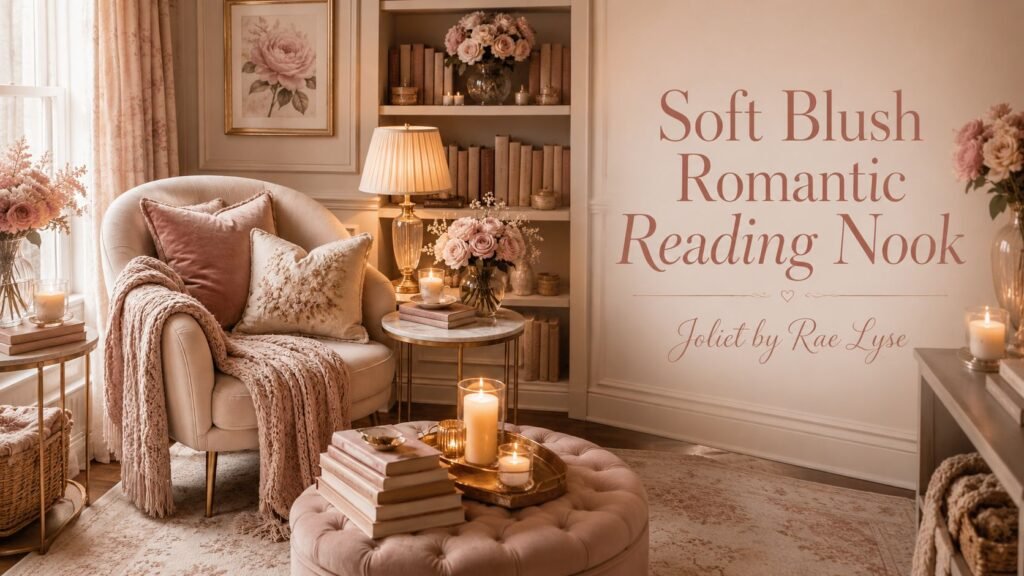Soft Blush Romantic Reading Nook + Joliet by Rae Lyse Soft blush reading nook with a cream armchair, pink knit blanket, floral pillows, gold side table, candles, books, and roses.