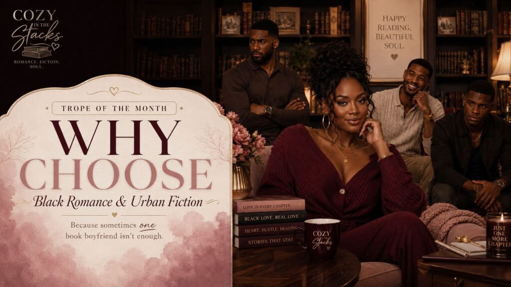 Why Choose One? Let’s Talk About Why Choose Romance in Black Romance and Urban Fiction Featured image for the Why Choose romance trope showing a stylish Black woman in a cozy library surrounded by three Black men, with text reading “Trope of the Month: Why Choose—Black Romance & Urban Fiction.”