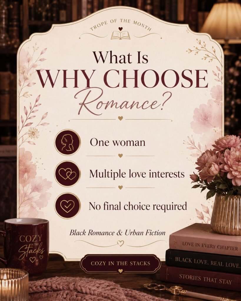 Why Choose One? Let’s Talk About Why Choose Romance in Black Romance and Urban Fiction Why Choose romance infographic explaining that one woman has multiple love interests and is not required to choose only one.