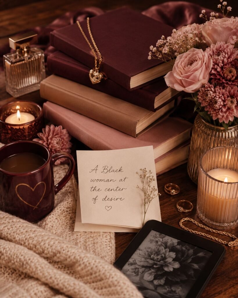 Why Choose One? Let’s Talk About Why Choose Romance in Black Romance and Urban Fiction Cozy Black Romance flat lay with burgundy books, blush flowers, candles, an e-reader, gold jewelry, and a note about a Black woman being at the center of desire.
