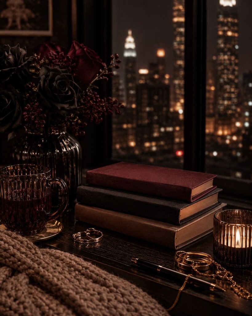 Why Choose One? Let’s Talk About Why Choose Romance in Black Romance and Urban Fiction Moody Urban Fiction reading scene with dark books, black and burgundy roses, candlelight, gold accessories, and a nighttime city skyline.