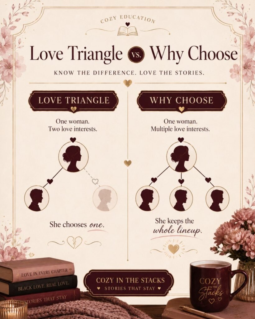 Why Choose One? Let’s Talk About Why Choose Romance in Black Romance and Urban Fiction Why Choose character-types infographic featuring the Protector, Charmer, Caretaker, Morally Gray One, Childhood Friend, and Emotionally Guarded One.