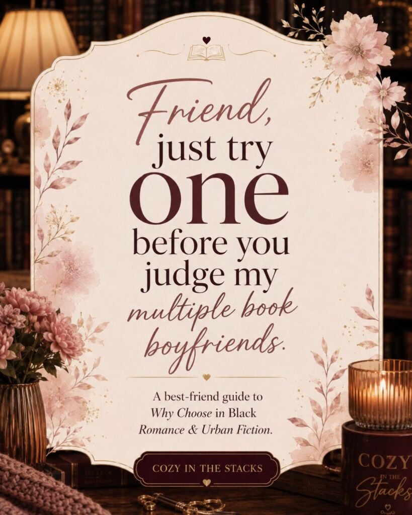 Why Choose One? Let’s Talk About Why Choose Romance in Black Romance and Urban Fiction Cozy bookish quote graphic reading, “Friend, just try one before you judge my multiple book boyfriends.”