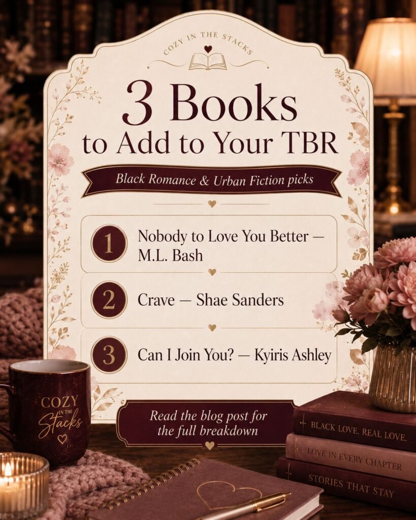 Why Choose One? Let’s Talk About Why Choose Romance in Black Romance and Urban Fiction Three Black Why Choose romance recommendations: Nobody to Love You Better by M.L. Bash, Crave by Shae Sanders, and Can I Join You? by Kyiris Ashley.