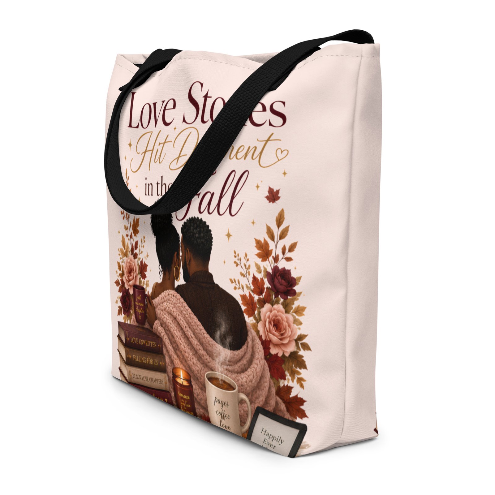 all-over-print-large-tote-bag-w-pocket-black-front-6a49a9759fba2 Love Stories Hit Different in the Fall Tote Bag - Image 5