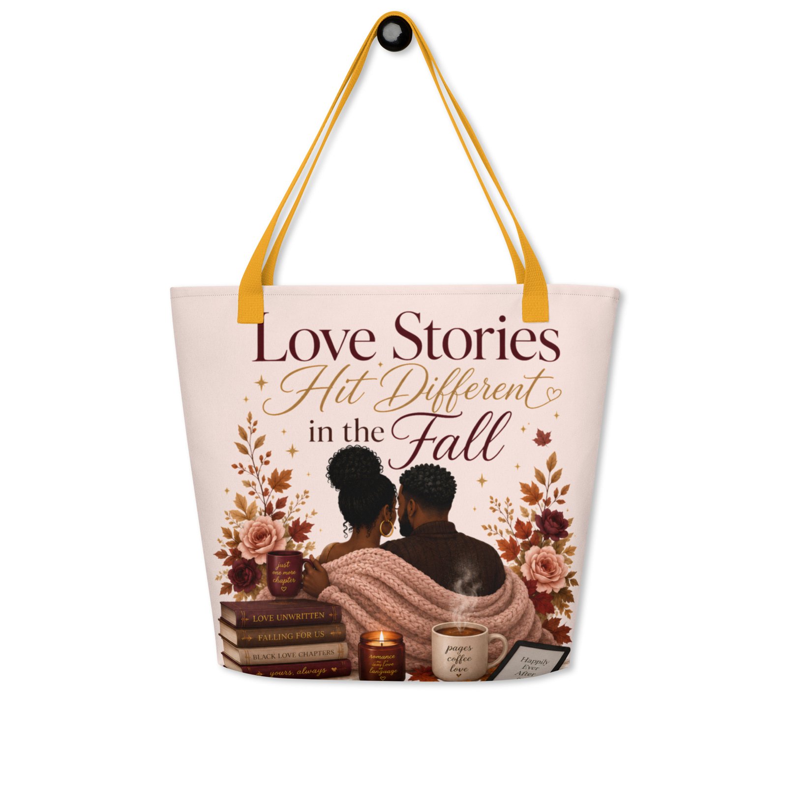 all-over-print-large-tote-bag-w-pocket-yellow-back-6a48778c39d00.jpg Love Stories Hit Different in the Fall Tote Bag - Image 4