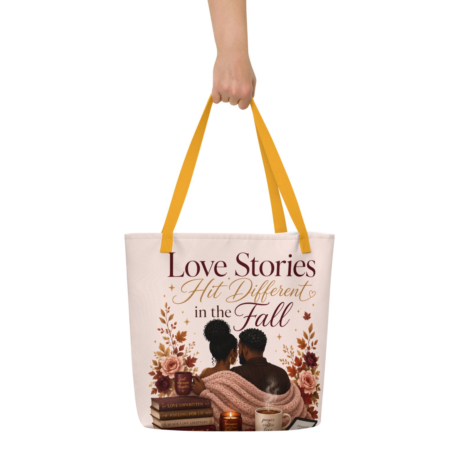 all-over-print-large-tote-bag-w-pocket-yellow-front-6a49a9759fa3a Love Stories Hit Different in the Fall Tote Bag - Image 10