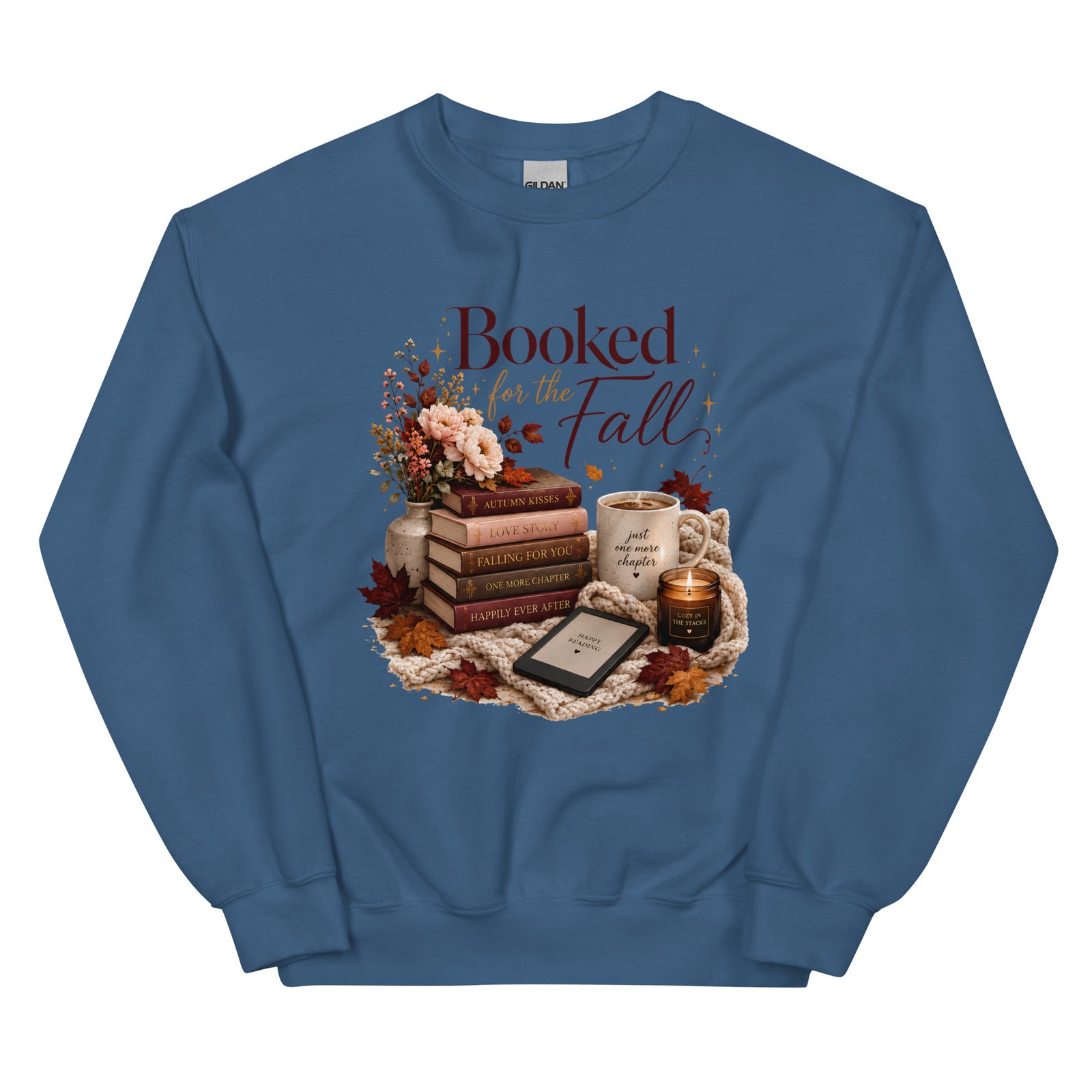 unisex-crew-neck-sweatshirt-indigo-blue-front-6a4857d02b028.jpg Booked for the Fall Cozy Reader Sweatshirt - Image 3