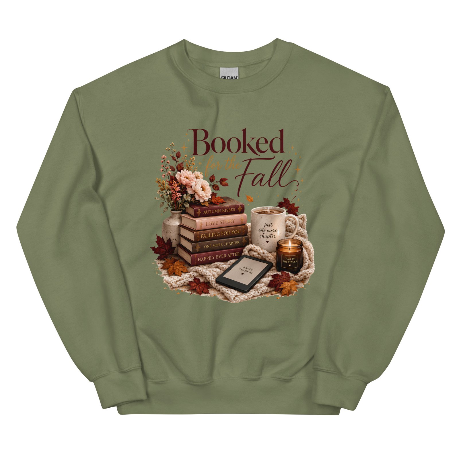 unisex-crew-neck-sweatshirt-military-green-front-6a4857d02bf18.jpg Booked for the Fall Cozy Reader Sweatshirt - Image 4