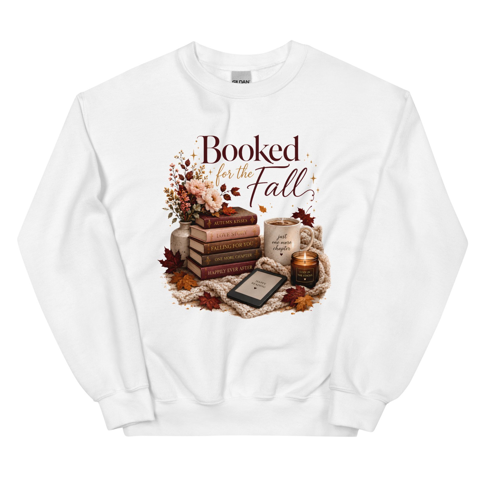 unisex-crew-neck-sweatshirt-white-front-6a4857d025a2f.jpg Booked for the Fall Cozy Reader Sweatshirt - Image 2