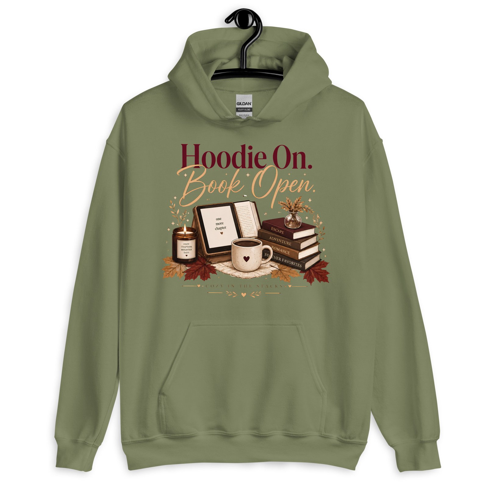unisex-heavy-blend-hoodie-military-green-front-6a47267d9e62a.jpg Hoodie On, Book Open Cozy Reader Hoodie - Image 6