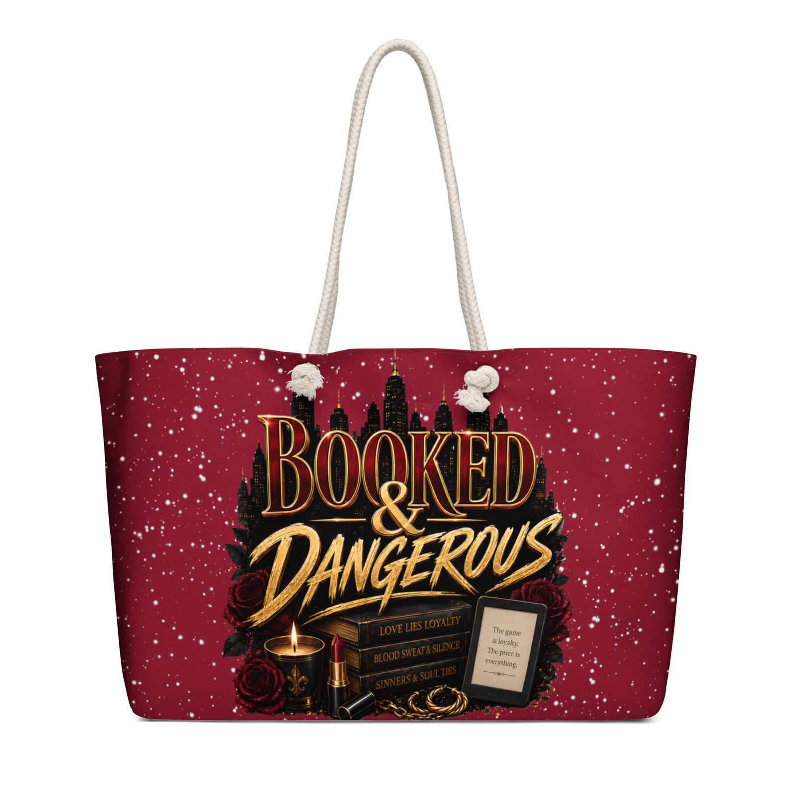 weekender-bag-white-24x13-back-6a498a35e1bb5.jpg Booked & Dangerous Urban Fiction Weekender Tote Bag - Image 5