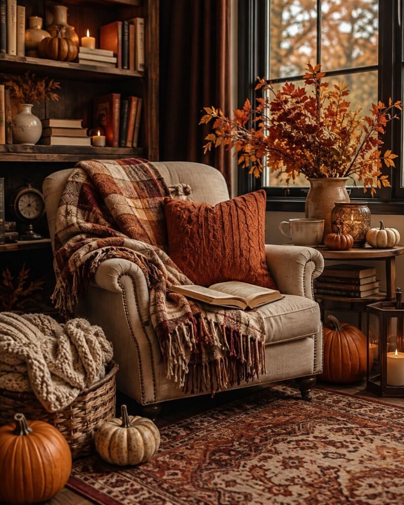 Read the Room: A Cozy Autumn Reading Corner for the Taboo Tomes Series Cozy autumn reading corner with a warm brown chair, cream knit blanket, candles, stacked books, dried foliage, and burgundy accents.
