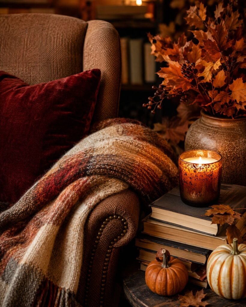 Read the Room: A Cozy Autumn Reading Corner for the Taboo Tomes Series Close-up of a cozy fall reading chair with a knit blanket, candle, coffee, autumn flowers, and stacked books.