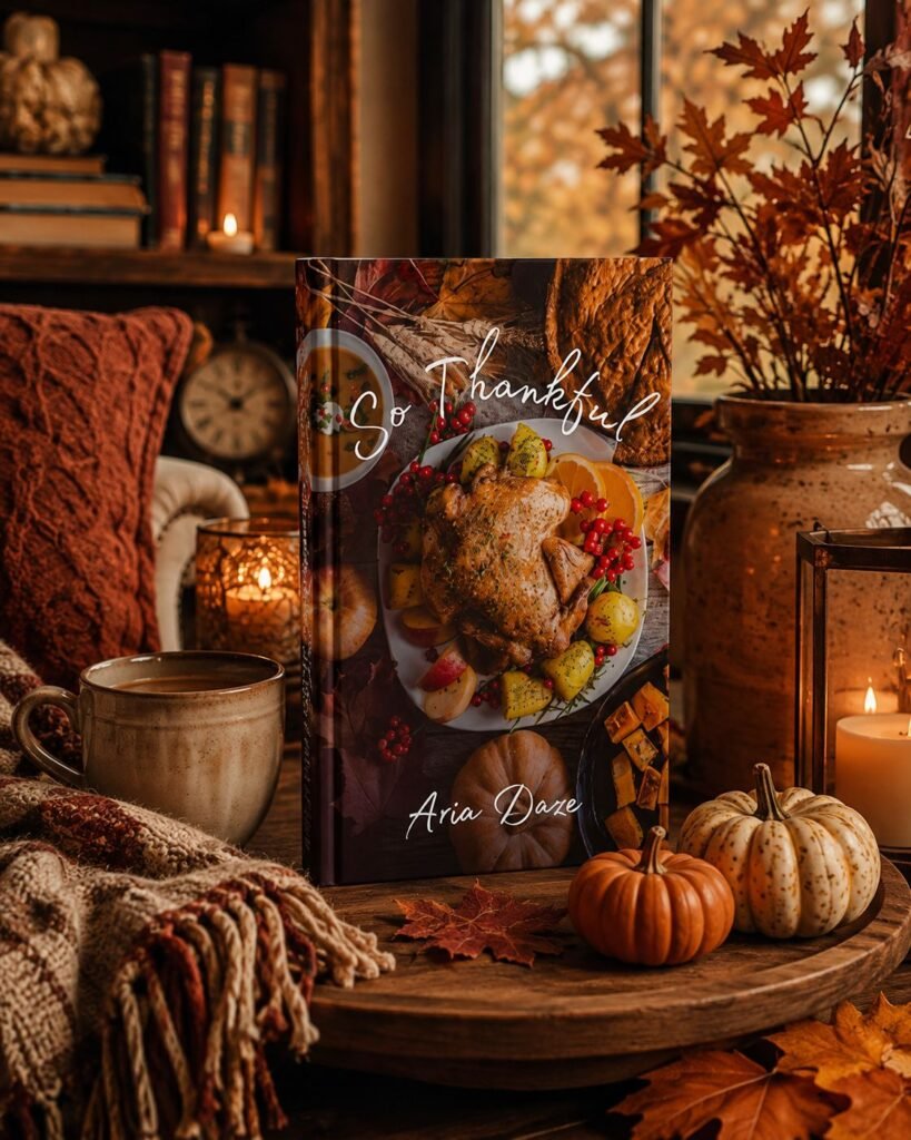 Read the Room: A Cozy Autumn Reading Corner for the Taboo Tomes Series So Thankful by Aria Daze paired with a warm autumn reading corner featuring candles, coffee, books, and mocha décor.