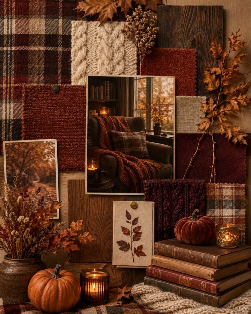 Read the Room: A Cozy Autumn Reading Corner for the Taboo Tomes Series Autumn reading-room mood board with mocha leather, cream knit, dark wood, dusty rose fabric, candles, books, and gold metal.