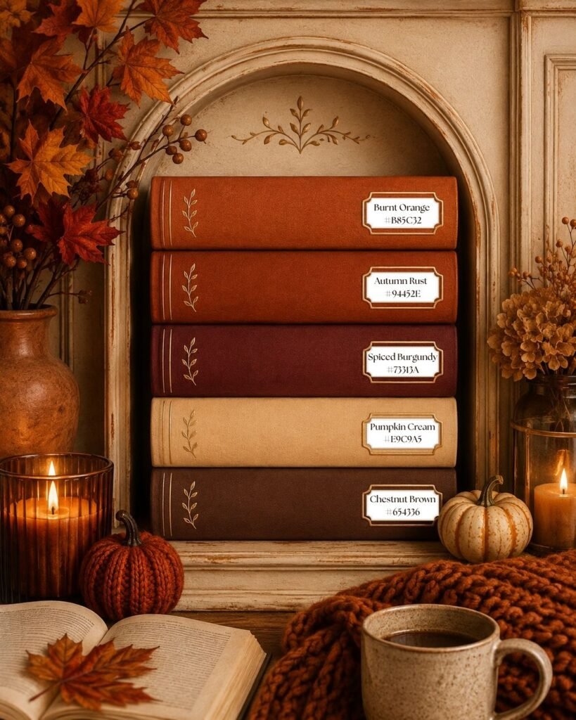 Read the Room: A Cozy Autumn Reading Corner for the Taboo Tomes Series Autumn book-spine color palette featuring espresso brown, mocha, dusty rose, warm cream, and antique gold.