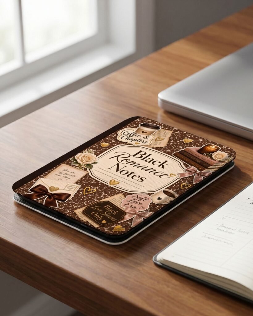 Read the Room: A Cozy Autumn Reading Corner for the Taboo Tomes Series Mocha Black Romance Notes Kindle case featuring coffee, cream roses, candles, books, blush bows, gold hearts, and Black love phrases.