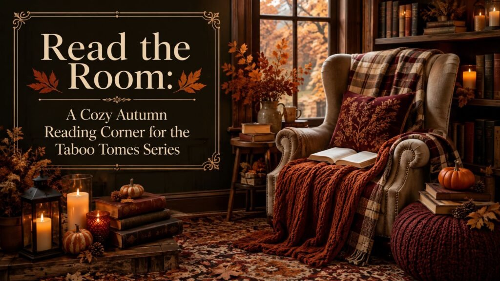 Cozy autumn reading corner with a warm brown chair, cream knit blanket, candles, stacked books, dried foliage, and burgundy accents.