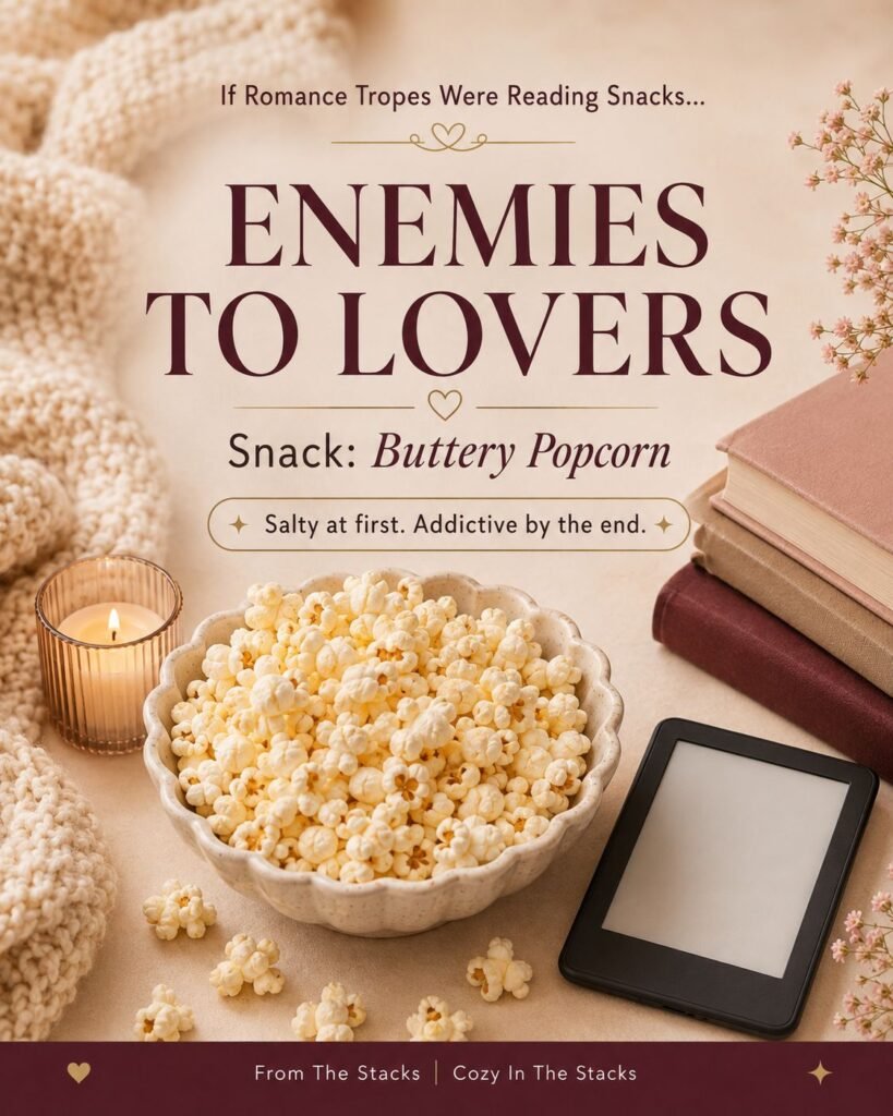 Cozy trope graphic for Enemies to Lovers with buttery popcorn, books, candlelight, and a Kindle in a warm reading-night setting.