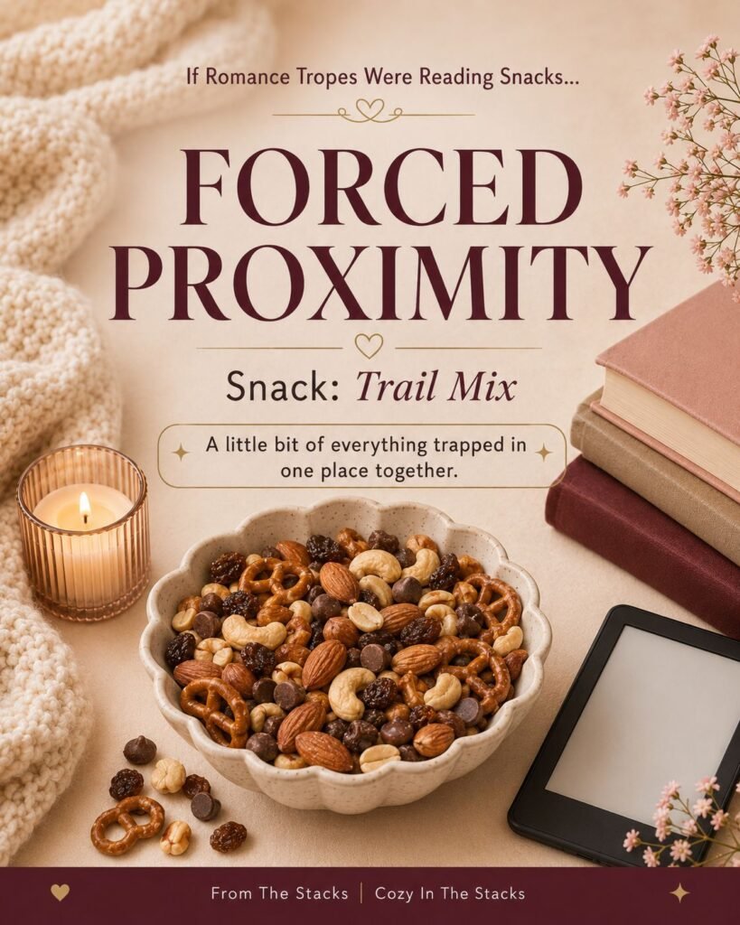 Romance trope graphic for Forced Proximity featuring trail mix, candlelight, books, and a Kindle in a cozy flat lay.